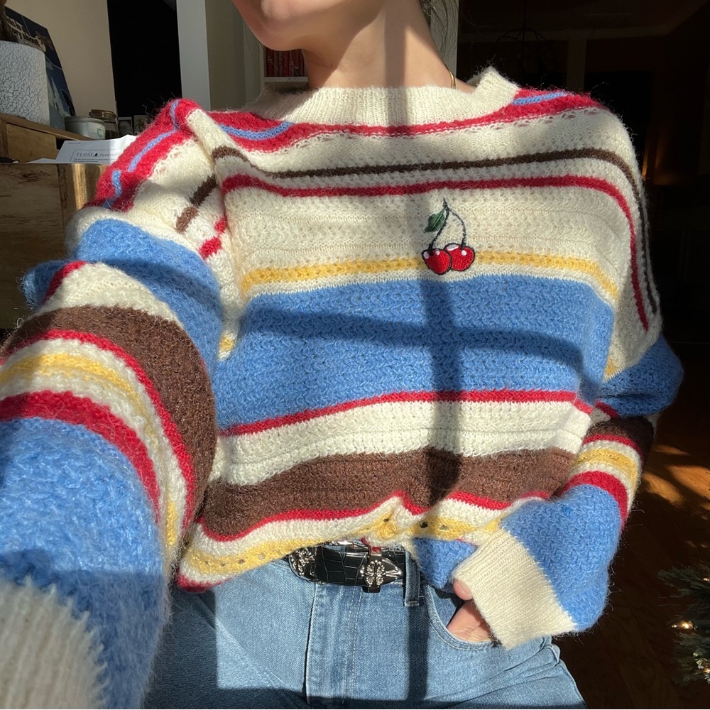 Colorful Striped Sweater with Cherry Embroidery